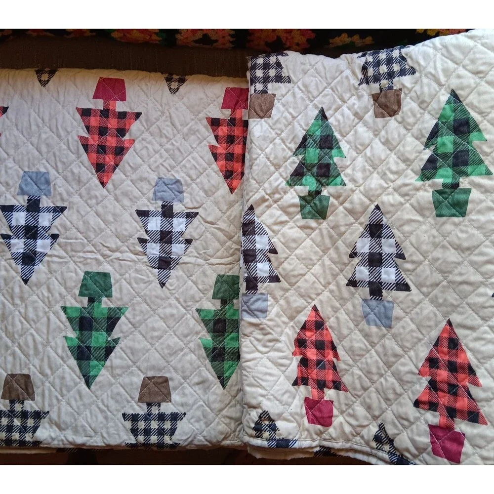 Spirit Linen Christmas Tree King Quilt and Pillow Shams Buffalo Checks 92x106
